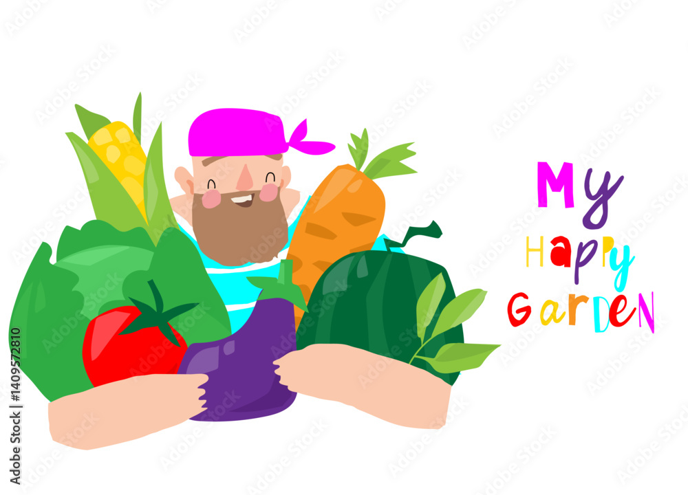 Cartoon Farmer holding Big Vegetables