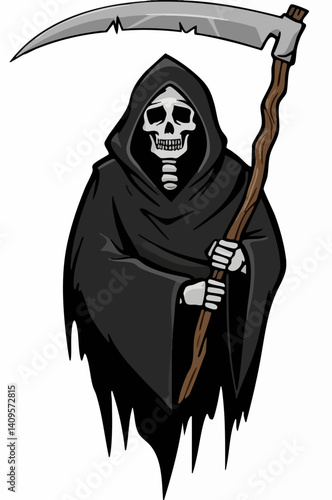 Grim Reaper with Scythe Cartoon Illustration. Vector Image