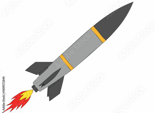Grey Missile Launching with Flames. Vector Image