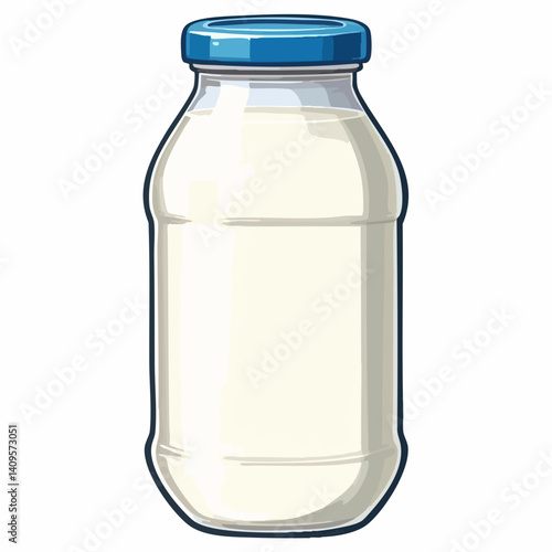 Glass Bottle of Milk with Blue Lid. Vector Image