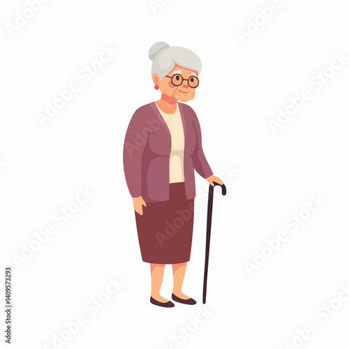 Elderly Woman with Walking Cane Illustration. Vector Image