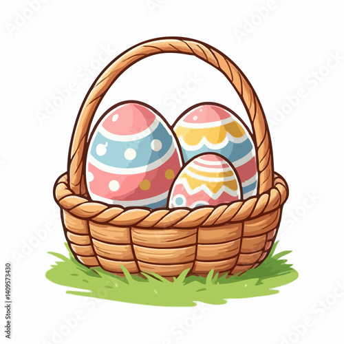 Decorated Easter Eggs in Wicker Basket on Grass. Vector Image