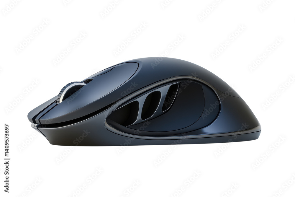 Sleek ergonomic gaming mouse dark blue isolated on black background on transparent background