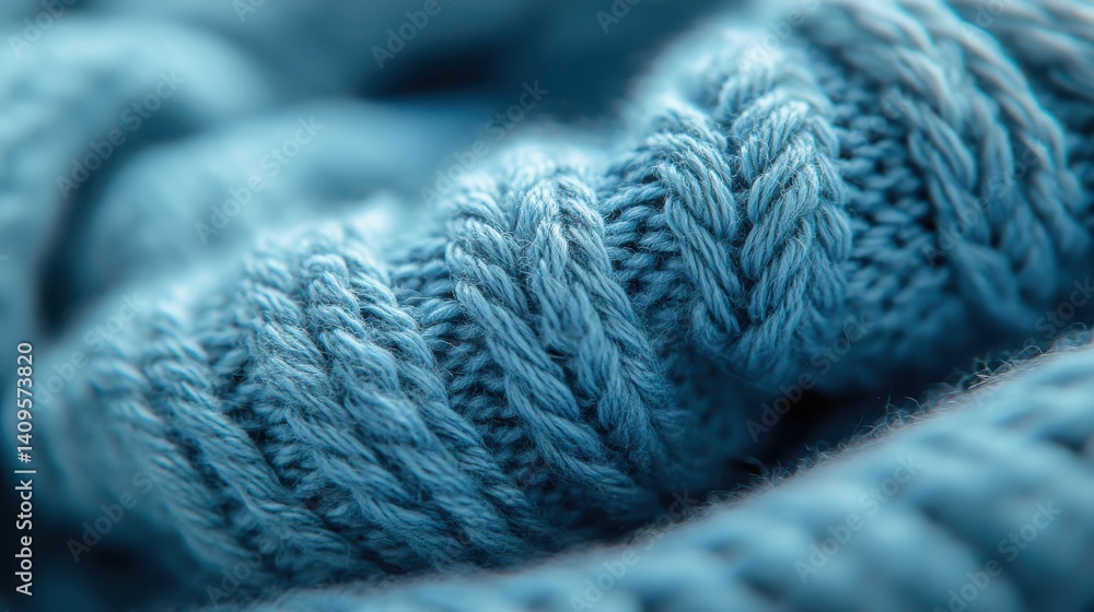 Soft blue knitted fabric showcases intricate textures and patterns in natural light Soft blue knitted fabric showcases intricate textures and patterns in natural light