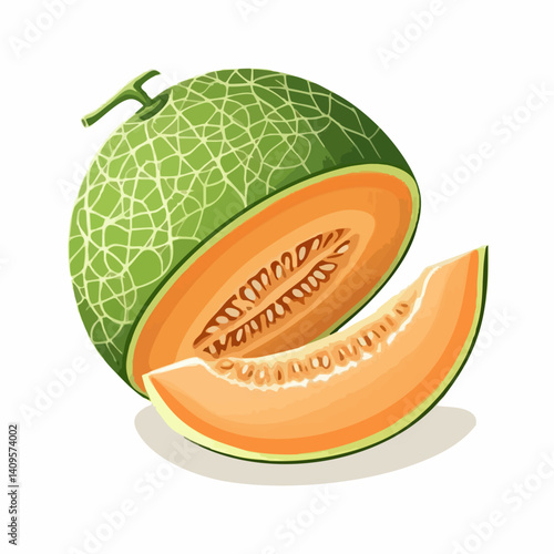Cantaloupe Melon Slices Whole Fruit Illustration. Vector Image