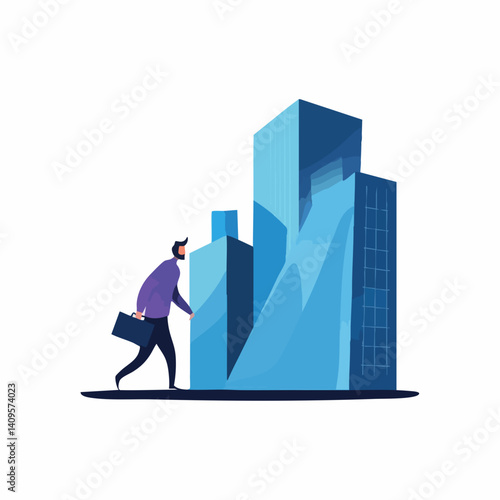 Businessman Walking Towards Modern Buildings. Vector Image