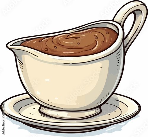 Brown sauce in a gravy boat on a saucer. Vector Image