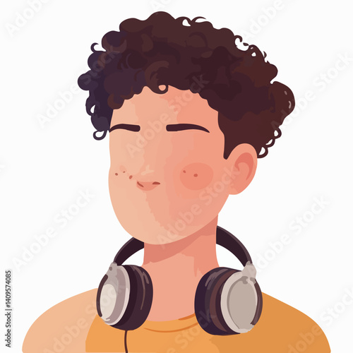 Boy with curly hair and headphones around neck. Vector Image