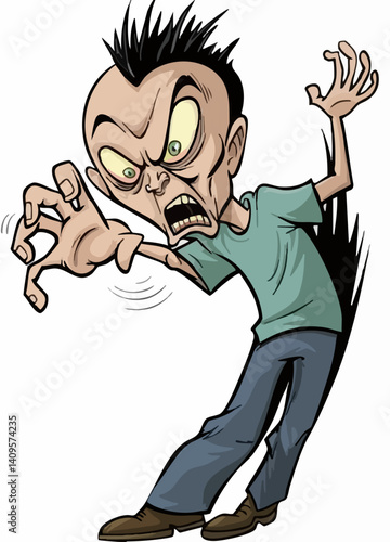 Angry Cartoon Man Swiping at Invisible Enemy. Vector Image