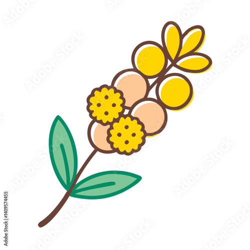 Cute Branch with Flowers and Green Leaves Illustration
