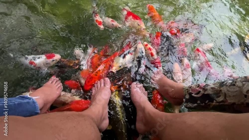 feet in the water. People relaxing by feet to the water 
