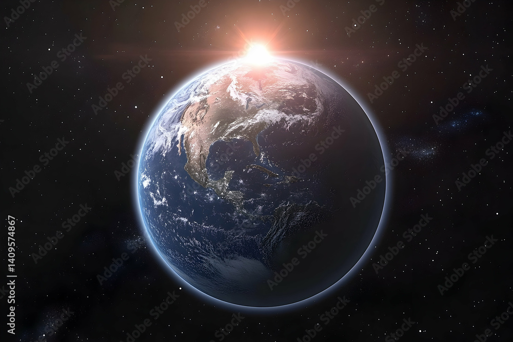 Obraz premium Earth, bathed in the radiant glow of a celestial sunrise.