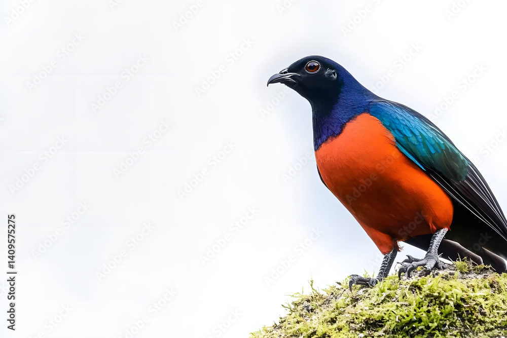 Fototapeta premium Stunning Bird's Vibrant Plumage, Seen on Mossy Rock