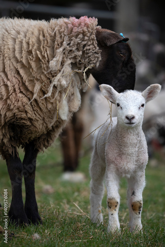 Lamb standing next to mother, Cotswolds, Gloucestershire, England, United Kingdom, Europe