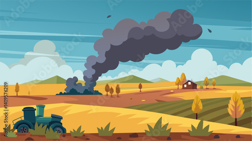In the distance a plume of smoke rose from a farmers field the acrid smell of burning stubble filling the air as they desperately attempted to salvage what little was left of their. Vector