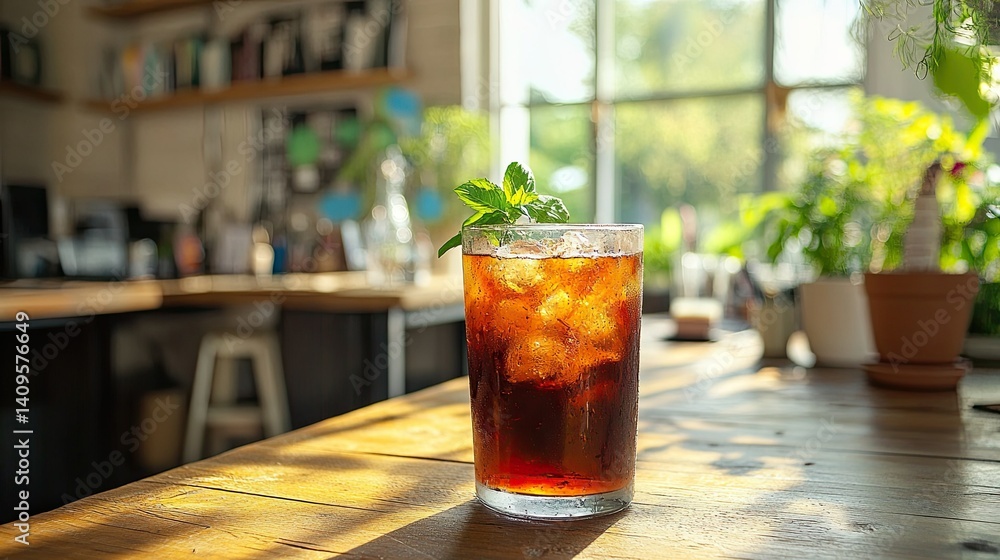 Refreshing beverage placed on a wooden table in a bright modern office. Refreshing beverage placed on a wooden table in a bright modern office.