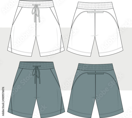 Men sweat sport short with elastic waist fashion technical drawing, illustration, vector. Front and back view. Active wear set. Cad, Mockup. 
