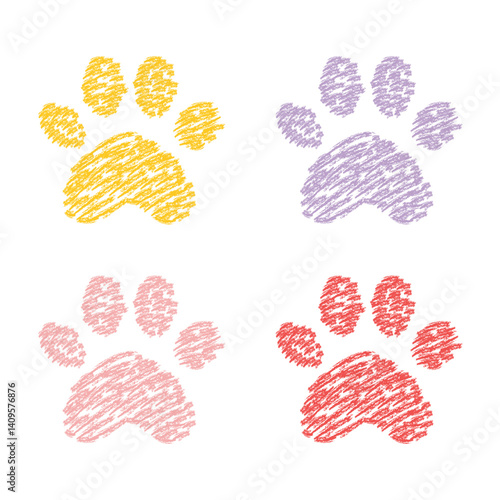 Colorful crayon paw prints set. Hand-drawn textured animal footprints in yellow, purple, red, and pink. Perfect for kids design, pet themes, education, and creative projects