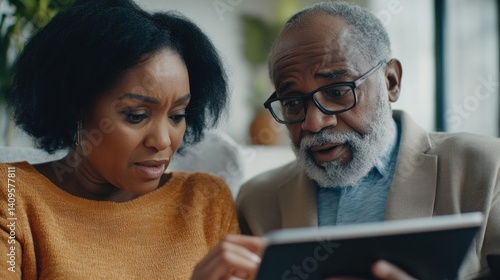 Concerned young adult woman and senior man looking at tablet.