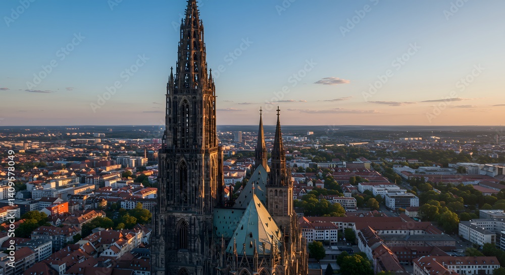 Naklejka premium Aerial View of City with Tall Church Spire at Dusk