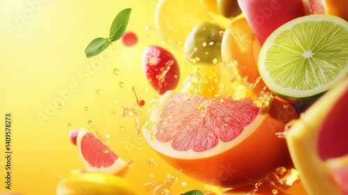 Fresh fruit explosion with vibrant colors and splashes of juice in a bright setting