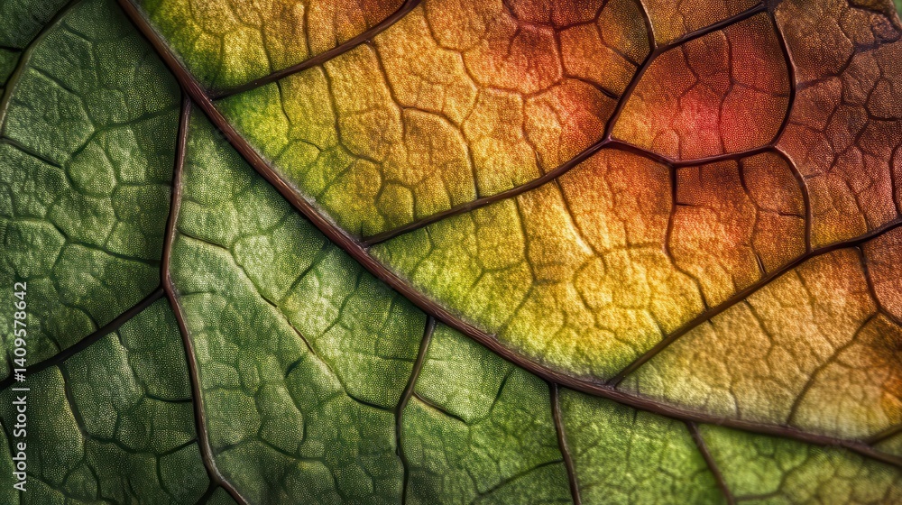 Fototapeta premium Detailed close-up of a vibrant autumn leaf vein structure.