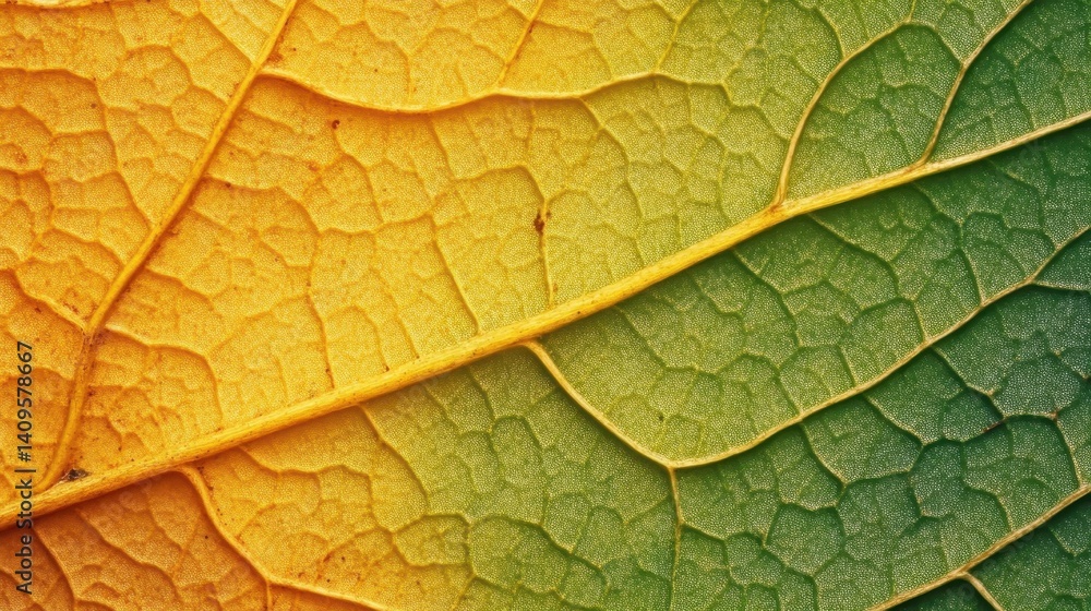 Fototapeta premium Autumnal leaf's intricate vein structure displays vibrant color gradients.