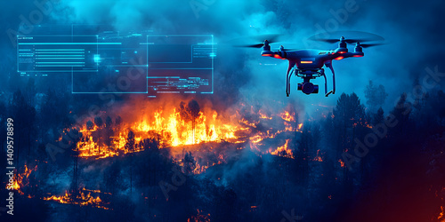 Advanced drone with thermal camera and digital interface analyzing active wildfire in forest, flames and smoke rising under dramatic blue-orange lighting