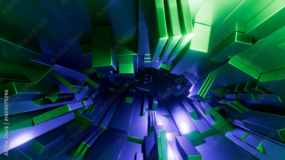 Fototapeta premium 3D rendering. Abstract blue and green geometric background. Metal blocks illuminated with blue and green neon light