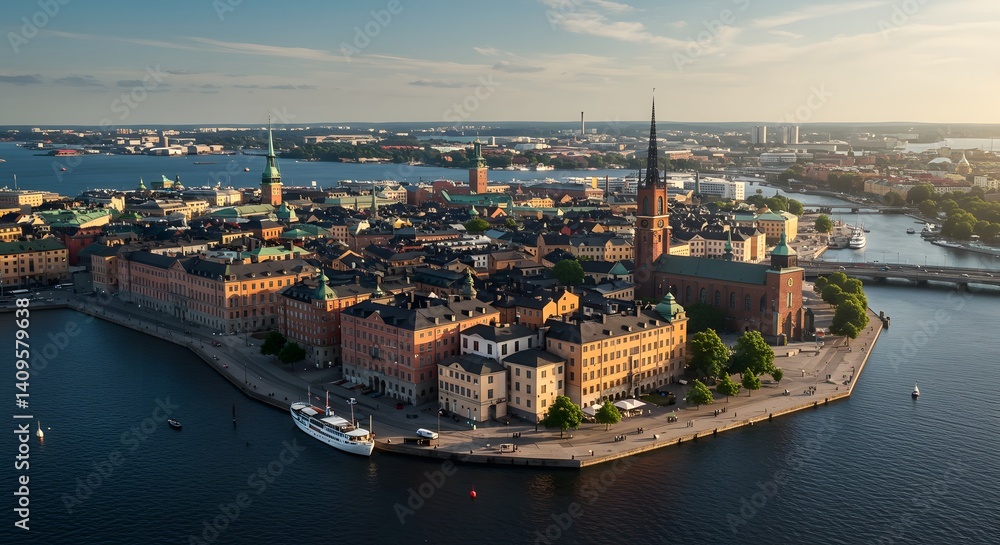 Obraz premium Aerial View of Cityscape with Historic Buildings and Waterways