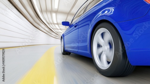 Dynamic Blue Car Racing Through a Motion Blurred Tunnel Showing Speed, Energy, and Modern Automotive Design in a Futuristic Setting
