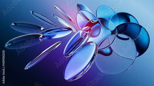 Fototapeta Naklejka Na Ścianę i Meble -  3d rendering. Abstract futuristic background featuring round lenses. Modern aesthetic concept, in shades of blue and purple