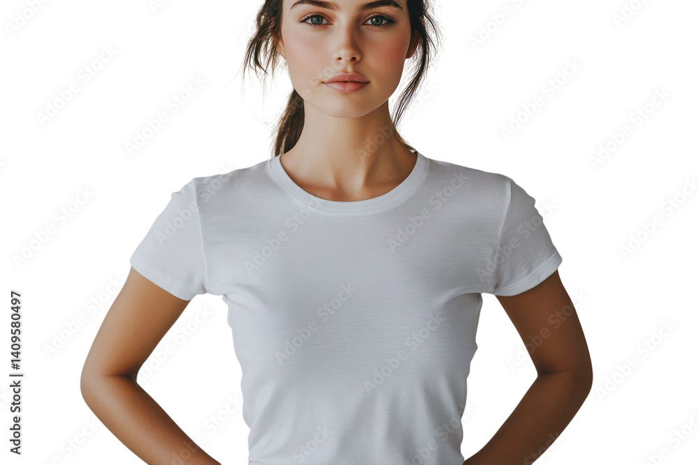 Young woman in white tshirt confident pose clean background studio shot on transparent background Young woman in white tshirt confident pose clean background studio shot on transparent background