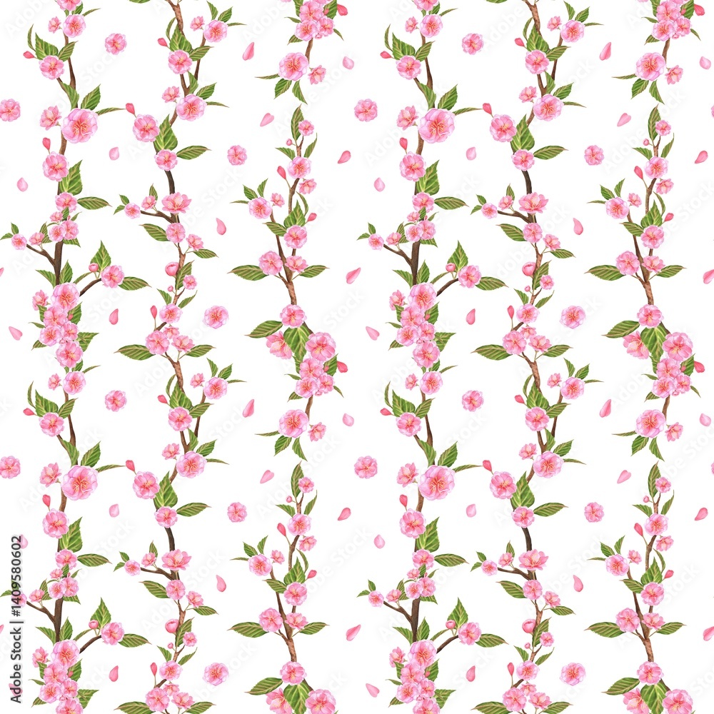 Fototapeta premium Seamless pattern with Sakura branches, pink flowers and green leaves. Spring garden clipart. Floral background on white. Blooming cherry tree. Hand-drawn watercolor illustration