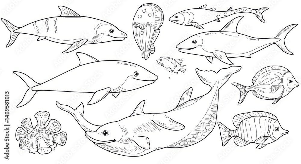 Black And White Line Art Illustration Of Aquatic Creatures Black And White Line Art Illustration Of Aquatic Creatures