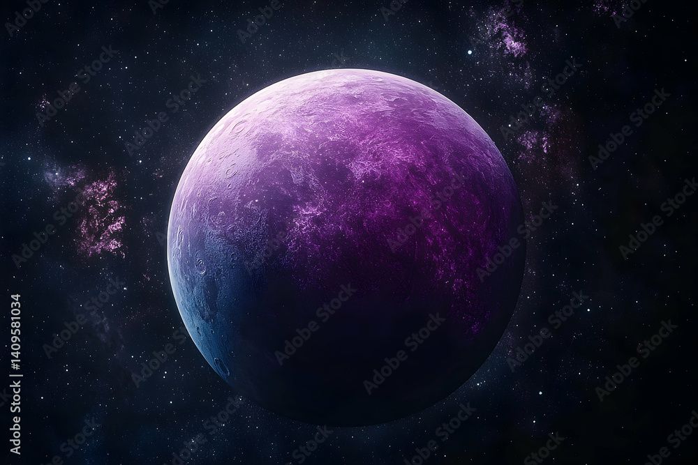 Fototapeta premium A vibrant, purple planet floats amidst a starlit cosmos.