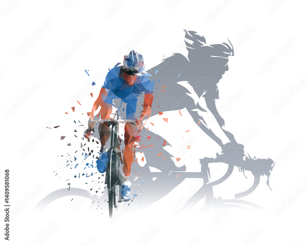 Obraz premium Cycling sport collage, double exposure of road cyclists, isolated vector low poly illustration with dispersion effect