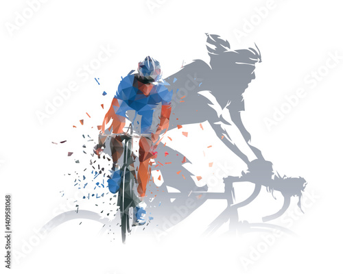 Cycling sport collage, double exposure of road cyclists, isolated vector low poly illustration with dispersion effect