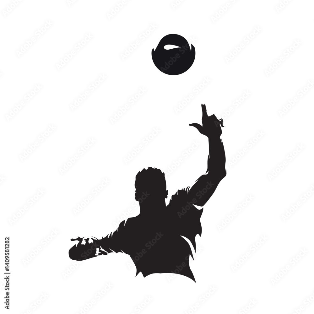 Volleyball player serving ball, isolated vector silhouette, front view. Team sport athlete logo