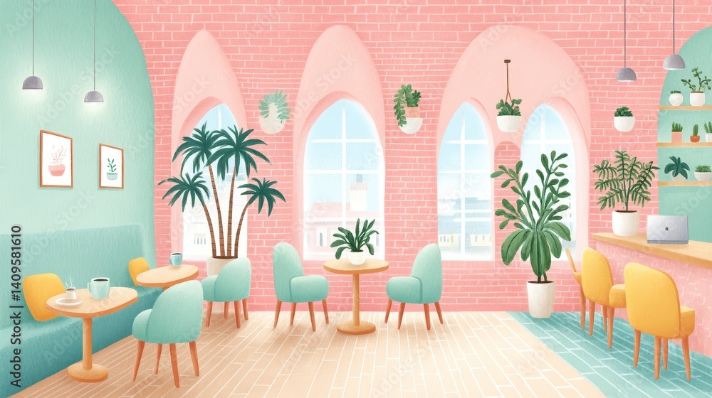 Fototapeta premium Pastel Pink and Green Cafe Interior with Arched Windows and Potted Plants