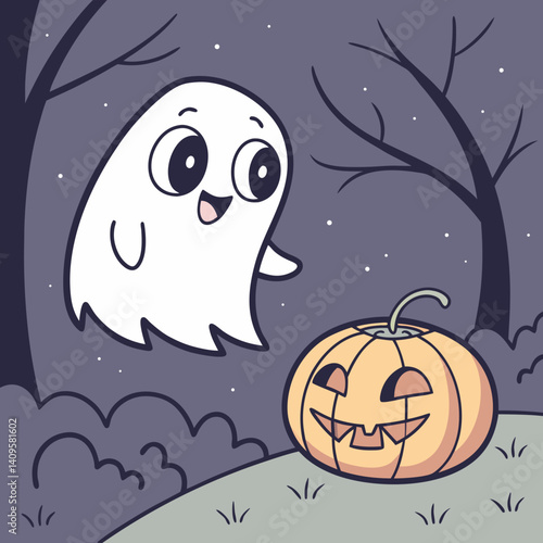 Spooky but cute cartoon ghost hovering over a jack-o’-lantern on Halloween night
