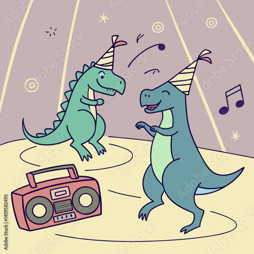 Cartoon Dinosaurs in Party Hats Dancing in a Prehistoric Rave