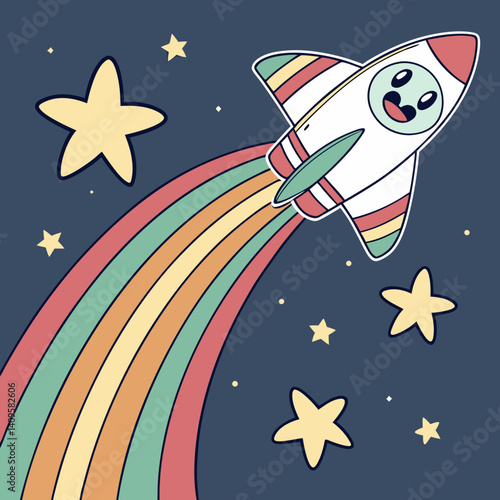 Cute cartoon jet zooming past rainbow trails and sparkling stars in the night sky