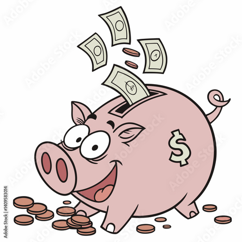 Greedy piggy bank bursting with coins and dollar bills