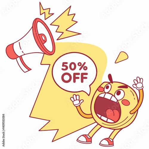 Shouting emoji announcing "50% OFF"