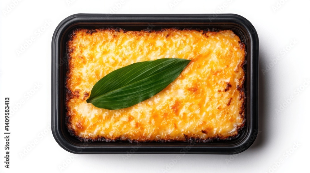 Delicious golden baked dish with creamy cheese topping served in a rectangular black container decorated with a fresh green leaf on a white background