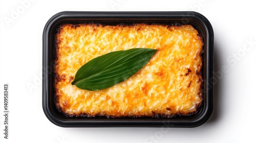 Obraz na płótnie Delicious golden baked dish with creamy cheese topping served in a rectangular black container decorated with a fresh green leaf on a white background w salonie