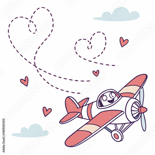 Adorable flying plane with happy face and smoke trail shaped like hearts
