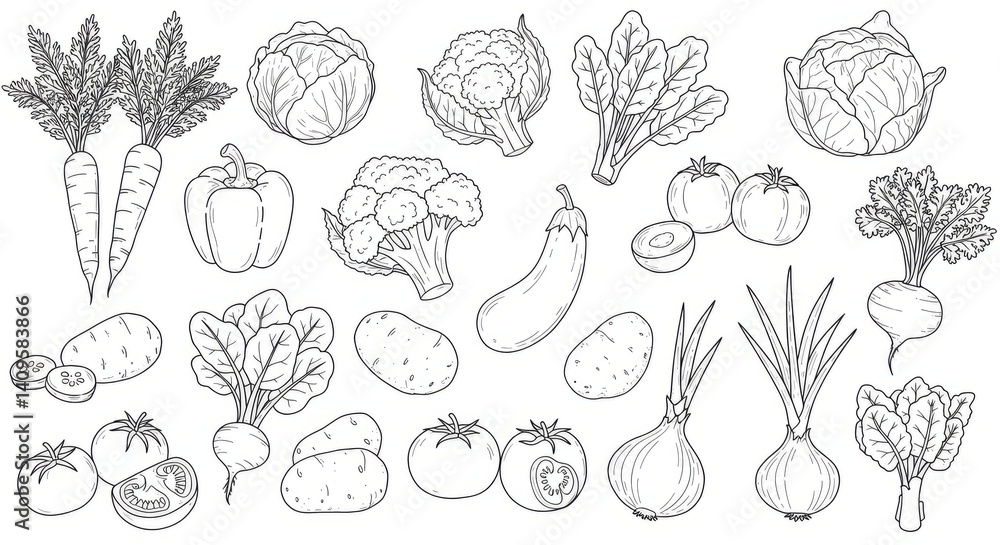 Collection Of Line Art Vegetable Drawings In Black And White illustrations for Design Collection Of Line Art Vegetable Drawings In Black And White illustrations for Design