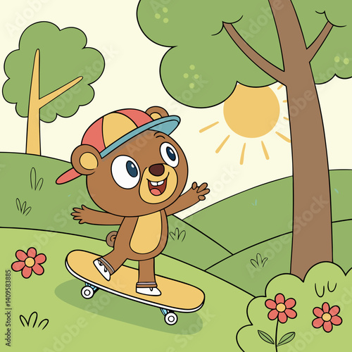 Happy teddy bear riding a skateboard through a sunny park
